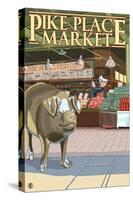 Seattle, Washington - Fish Toss and Bronze Pig at Pike Place-Lantern Press-Stretched Canvas