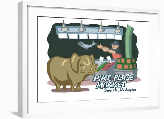 Seattle, Washington - Pike Place Market - Cartoon Icon-Lantern Press-Framed Art Print