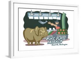 Seattle, Washington - Pike Place Market - Cartoon Icon-Lantern Press-Framed Art Print