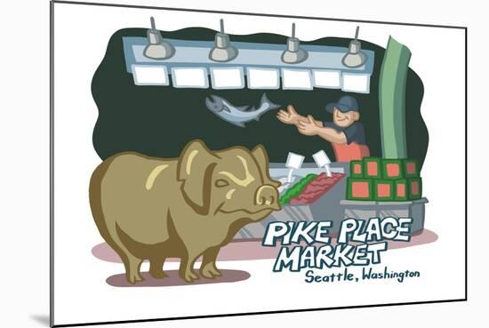 Seattle, Washington - Pike Place Market - Cartoon Icon-Lantern Press-Mounted Art Print