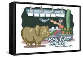 Seattle, Washington - Pike Place Market - Cartoon Icon-Lantern Press-Framed Stretched Canvas