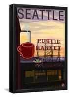 Seattle, Washington - Pike Place Market Sign And Water View-null-Framed Poster