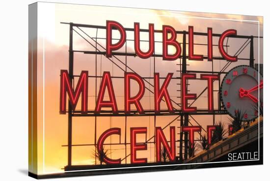 Seattle, Washington - Pike Place Market Sunset-Lantern Press-Stretched Canvas