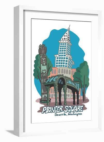 Seattle, Washington - Pioneer Square - Cartoon Icon-Lantern Press-Framed Art Print