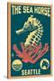 Seattle, Washington - Seahorse Woodblock (Blue and Pink)-Lantern Press-Stretched Canvas