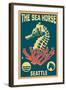 Seattle, Washington - Seahorse Woodblock (Blue and Pink)-Lantern Press-Framed Art Print