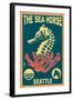 Seattle, Washington - Seahorse Woodblock (Blue and Pink)-Lantern Press-Framed Art Print