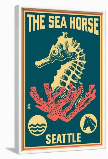 Seattle, Washington - Seahorse Woodblock (Blue and Pink)-Lantern Press-Framed Art Print