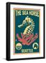 Seattle, Washington - Seahorse Woodblock (Blue and Pink)-Lantern Press-Framed Art Print