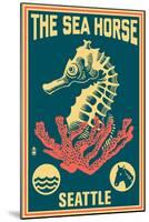 Seattle, Washington - Seahorse Woodblock (Blue and Pink)-Lantern Press-Mounted Art Print