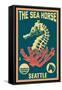 Seattle, Washington - Seahorse Woodblock (Blue and Pink)-Lantern Press-Framed Stretched Canvas