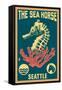 Seattle, Washington - Seahorse Woodblock (Blue and Pink)-Lantern Press-Framed Stretched Canvas