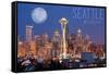 Seattle, Washington - Skyline and Full Moon-Lantern Press-Framed Stretched Canvas