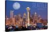 Seattle, Washington - Skyline and Full Moon-Lantern Press-Stretched Canvas