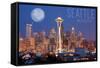 Seattle, Washington - Skyline and Full Moon-Lantern Press-Framed Stretched Canvas