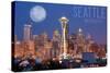 Seattle, Washington - Skyline and Full Moon-Lantern Press-Stretched Canvas