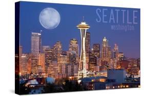 Seattle, Washington - Skyline and Full Moon-Lantern Press-Stretched Canvas