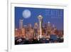 Seattle, Washington - Skyline and Full Moon-Lantern Press-Framed Art Print