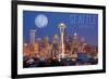 Seattle, Washington - Skyline and Full Moon-Lantern Press-Framed Art Print