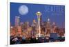 Seattle, Washington - Skyline and Full Moon-Lantern Press-Framed Art Print