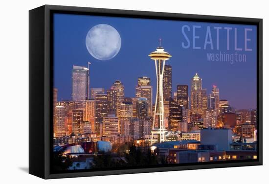 Seattle, Washington - Skyline and Full Moon-Lantern Press-Framed Stretched Canvas