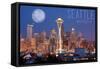 Seattle, Washington - Skyline and Full Moon-Lantern Press-Framed Stretched Canvas