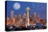 Seattle, Washington - Skyline and Full Moon-Lantern Press-Stretched Canvas