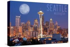 Seattle, Washington - Skyline and Full Moon-Lantern Press-Stretched Canvas