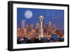 Seattle, Washington - Skyline and Full Moon-Lantern Press-Framed Art Print