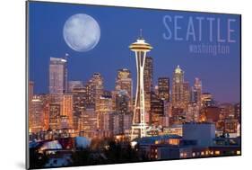 Seattle, Washington - Skyline and Full Moon-Lantern Press-Mounted Art Print