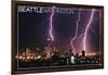 Seattle, Washington - Skyline and Lightening Strike-Lantern Press-Framed Art Print