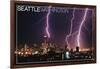 Seattle, Washington - Skyline and Lightening Strike-Lantern Press-Framed Art Print