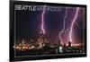 Seattle, Washington - Skyline and Lightening Strike-Lantern Press-Framed Art Print