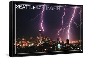 Seattle, Washington - Skyline and Lightening Strike-Lantern Press-Framed Stretched Canvas