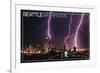 Seattle, Washington - Skyline and Lightening Strike-Lantern Press-Framed Art Print