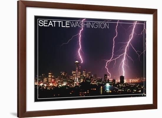 Seattle, Washington - Skyline and Lightening Strike-Lantern Press-Framed Art Print