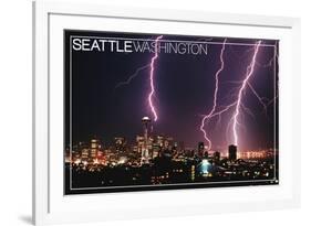 Seattle, Washington - Skyline and Lightening Strike-Lantern Press-Framed Premium Giclee Print