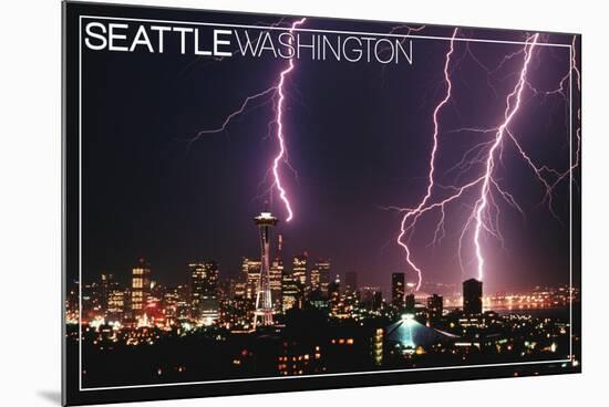 Seattle, Washington - Skyline and Lightening Strike-Lantern Press-Mounted Premium Giclee Print