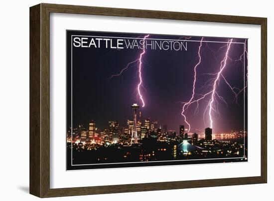 Seattle, Washington - Skyline and Lightening Strike-Lantern Press-Framed Art Print