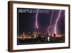 Seattle, Washington - Skyline and Lightening Strike-Lantern Press-Framed Art Print