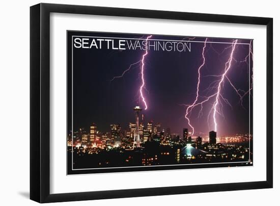 Seattle, Washington - Skyline and Lightening Strike-Lantern Press-Framed Art Print