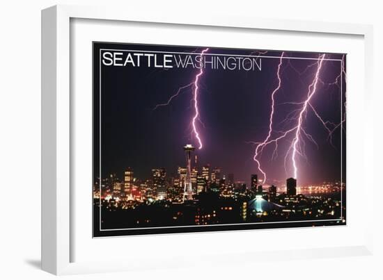 Seattle, Washington - Skyline and Lightening Strike-Lantern Press-Framed Art Print