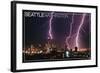 Seattle, Washington - Skyline and Lightening Strike-Lantern Press-Framed Art Print