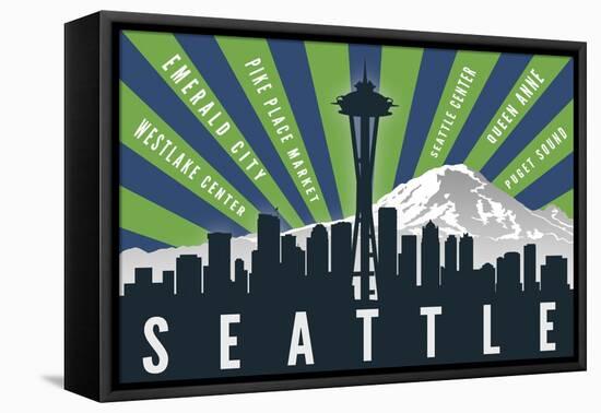 Seattle, Washington - Skyline and Mountain - Graphic Typography-Lantern Press-Framed Stretched Canvas