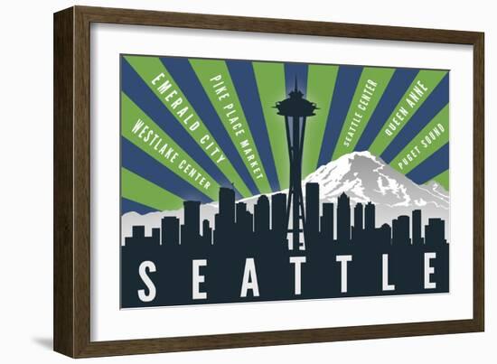 Seattle, Washington - Skyline and Mountain - Graphic Typography-Lantern Press-Framed Art Print