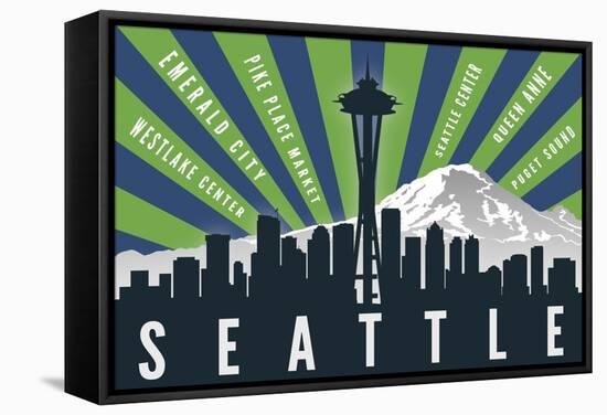 Seattle, Washington - Skyline and Mountain - Graphic Typography-Lantern Press-Framed Stretched Canvas