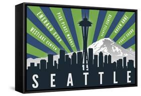 Seattle, Washington - Skyline and Mountain - Graphic Typography-Lantern Press-Framed Stretched Canvas