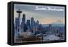 Seattle, Washington - Skyline and Rainier Sunrise-Lantern Press-Framed Stretched Canvas