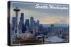 Seattle, Washington - Skyline and Rainier Sunrise-Lantern Press-Stretched Canvas