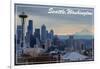 Seattle, Washington - Skyline and Rainier Sunrise-Lantern Press-Framed Art Print